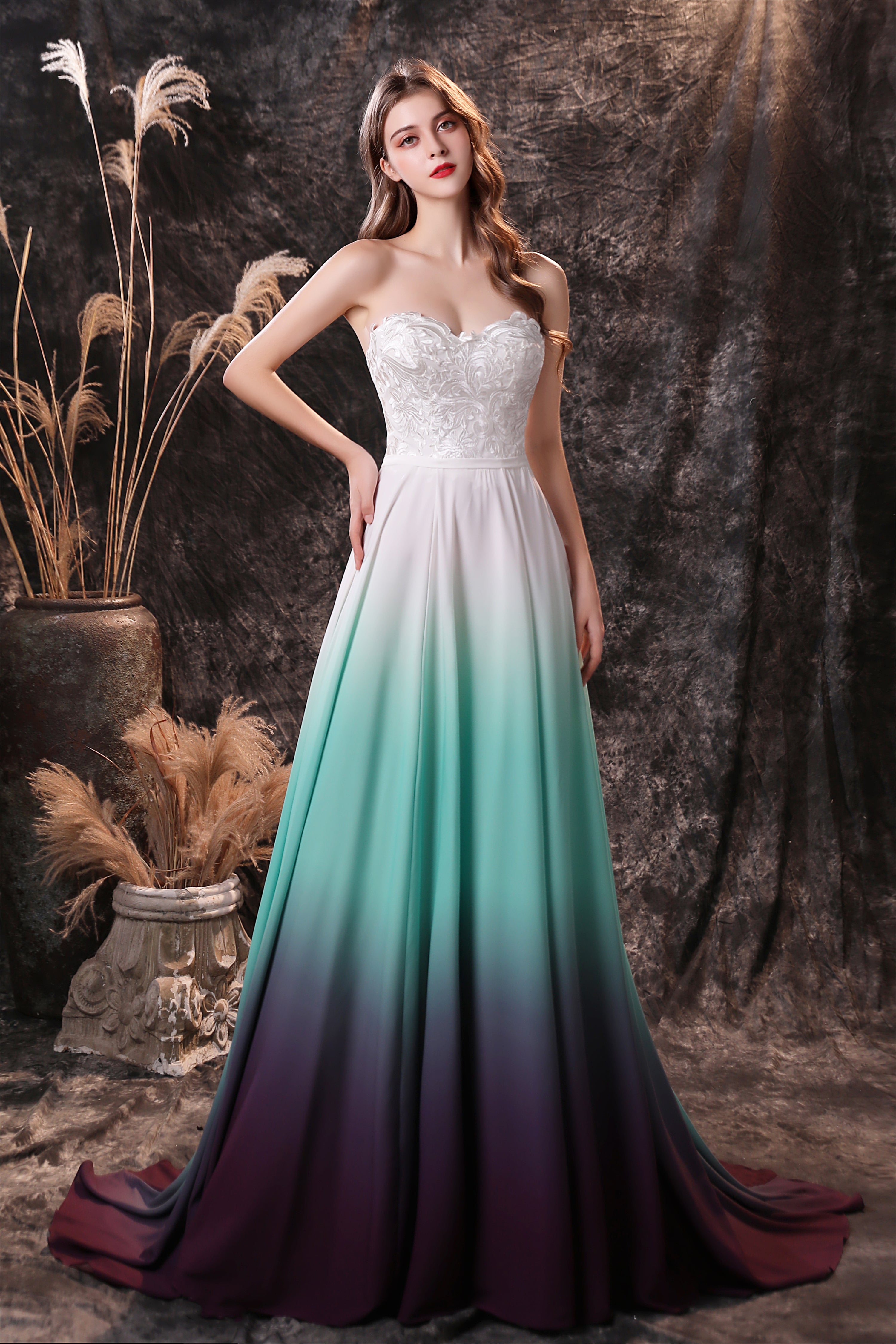 Bridesmaid Dress Convertible, A Line Strapless Sleeveless Appliques Ombre Silk Like Satin Sweep Train Prom Dresses