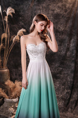 Bridesmaid Dresses, A Line Strapless Sleeveless Appliques Ombre Silk Like Satin Sweep Train Prom Dresses
