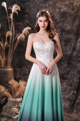 Bridesmaid Dress Dark Green, A Line Strapless Sleeveless Appliques Ombre Silk Like Satin Sweep Train Prom Dresses