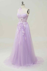 Party Dresses For 20 Year Olds, A-line Strapless Tulle Applique Long Prom Dress