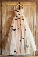 Prom Dresses With Pockets, A-Line Sweetheart 3D Butterfly Appliques Prom Dress Long Formal Gown