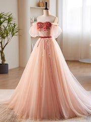 Prom Dress Sleeve, A-Line Sweetheart Neck Sequin Tulle Pink Long Prom Dress, Pink Formal Dress