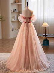 Stunning Dress, A-Line Sweetheart Neck Sequin Tulle Pink Long Prom Dress, Pink Formal Dress