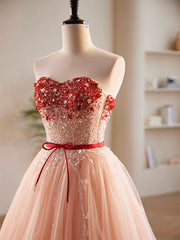 Pleated Dress, A-Line Sweetheart Neck Sequin Tulle Pink Long Prom Dress, Pink Formal Dress