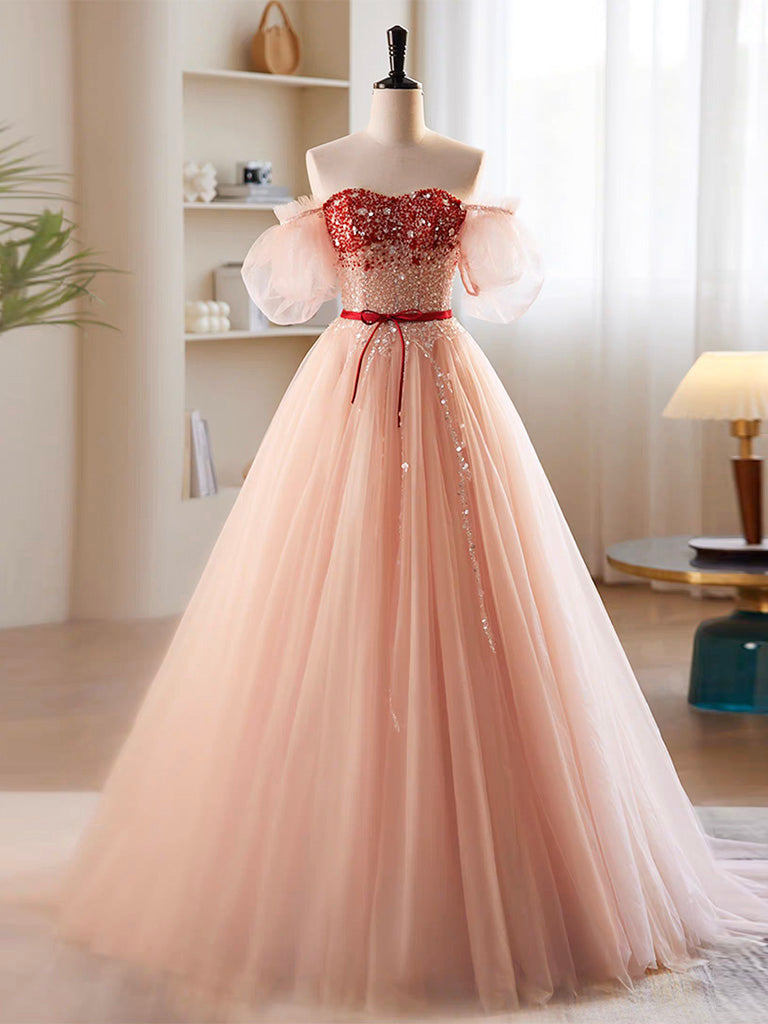 Long Formal Dress, A-Line Sweetheart Neck Sequin Tulle Pink Long Prom Dress, Pink Formal Dress