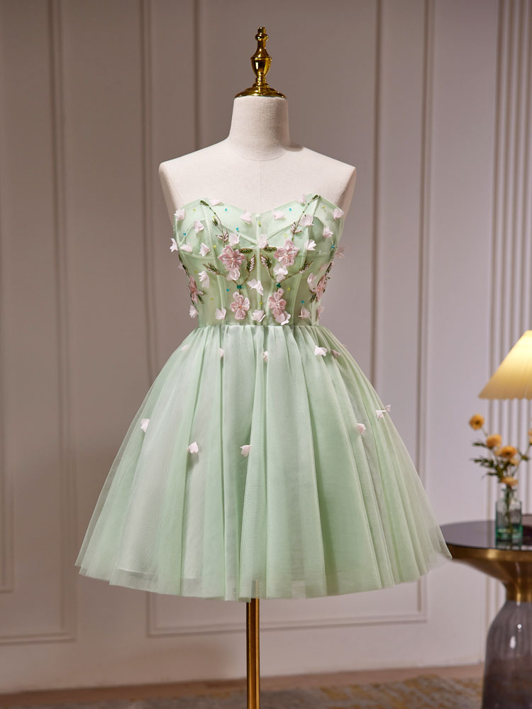 Homecoming Dresses Sparkles, A- Line Sweetheart Neck Tulle Green Short Prom Dress, Green Homecoming Dresses