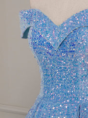 Prom Dress Ideas, A-Line Sweetheart Neck Velvet Sequin Blue Long Prom Dress, Blue Formal Dress