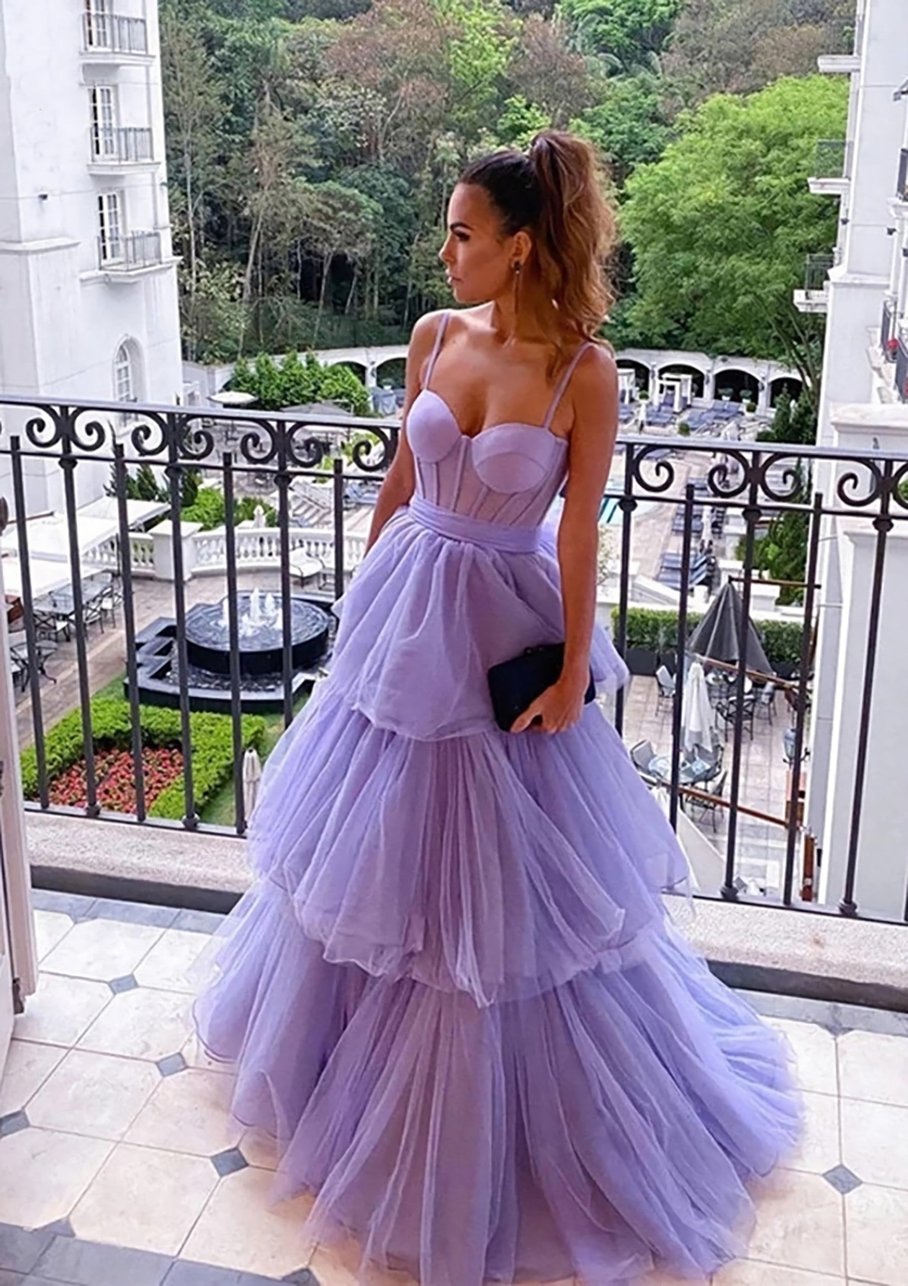 Bridesmaid Dresses Dusty Blue, A-line Sweetheart Sleeveless Long/Floor-Length Tulle Prom Dress With Ruffles