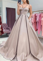 Formal Dress Store, A-line Sweetheart Sleeveless Satin Sweep Train Prom Dress With Pockets