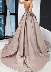Formal Dress Stores, A-line Sweetheart Sleeveless Satin Sweep Train Prom Dress With Pockets