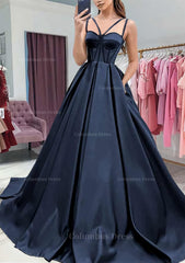 Formal Dresses Online, A-line Sweetheart Sleeveless Satin Sweep Train Prom Dress With Pockets