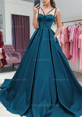 Formal Dress Ideas, A-line Sweetheart Sleeveless Satin Sweep Train Prom Dress With Pockets
