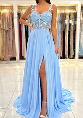 Evening Dress For Wedding Guest, A-line Sweetheart Sleeveless Sweep Train Chiffon Prom Dress With Appliqued Split