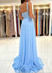Evening Dresses For Wedding Guest, A-line Sweetheart Sleeveless Sweep Train Chiffon Prom Dress With Appliqued Split