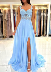 Evening Dresses Off The Shoulder, A-line Sweetheart Sleeveless Sweep Train Chiffon Prom Dress With Appliqued Split