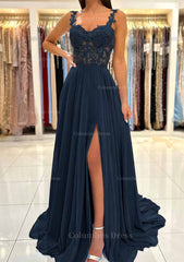 Evening Dresses Midi, A-line Sweetheart Sleeveless Sweep Train Chiffon Prom Dress With Appliqued Split