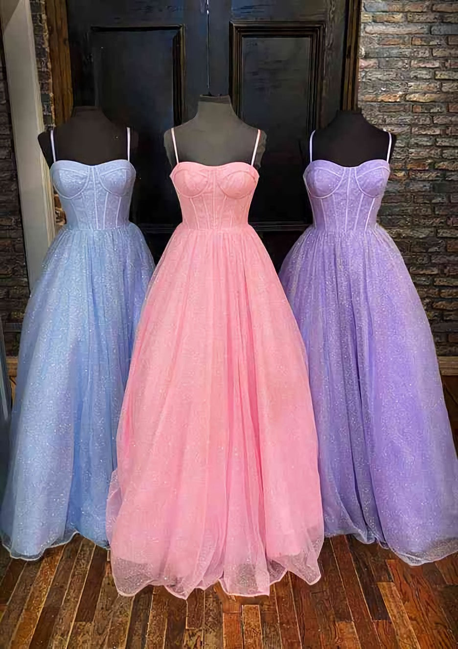 Prom Dresses Gowns, A-line Sweetheart Spaghetti Straps Long/Floor-Length Glitter Prom Dress With Pockets