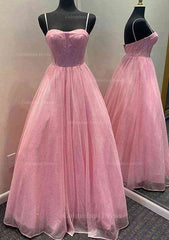 Prom Dress Gowns, A-line Sweetheart Spaghetti Straps Long/Floor-Length Glitter Prom Dress With Pockets