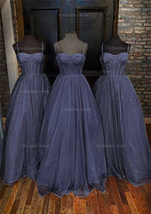 Prom Dress For Short Girl, A-line Sweetheart Spaghetti Straps Long/Floor-Length Glitter Prom Dress With Pockets