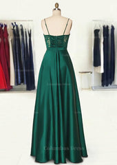 Bridesmaid Dress Red, A-line Sweetheart Spaghetti Straps Long/Floor-Length Satin Prom Dress With Appliqued Pockets