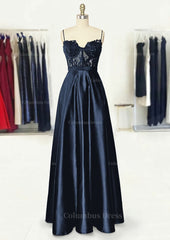 Bridesmaids Dresses Red, A-line Sweetheart Spaghetti Straps Long/Floor-Length Satin Prom Dress With Appliqued Pockets