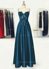 Wedding, A-line Sweetheart Spaghetti Straps Long/Floor-Length Satin Prom Dress With Appliqued Pockets