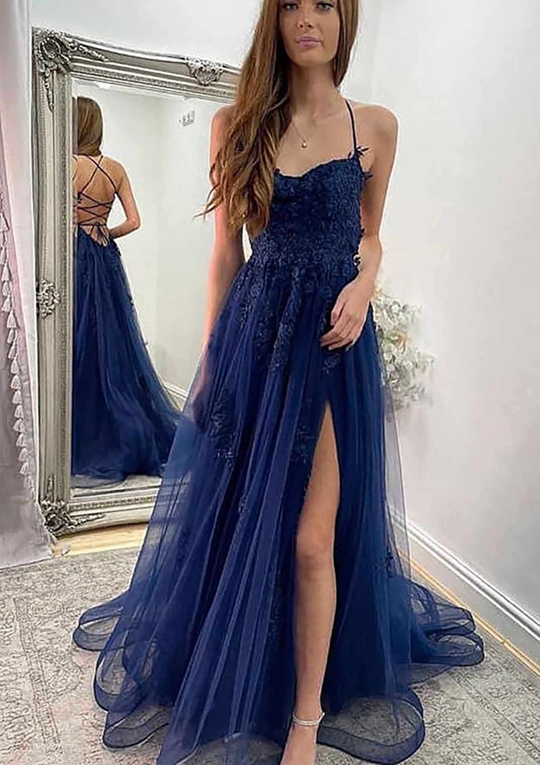 Homecoming Dresses Fashion Outfits, A-line Sweetheart Spaghetti Straps Sweep Train Tulle Prom Dress With Appliqued Split