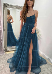 Homecoming Dress Pretty, A-line Sweetheart Spaghetti Straps Sweep Train Tulle Prom Dress With Appliqued Split