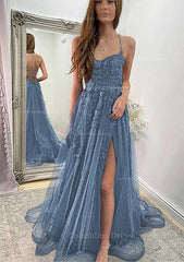Homecoming Dresses Online, A-line Sweetheart Spaghetti Straps Sweep Train Tulle Prom Dress With Appliqued Split