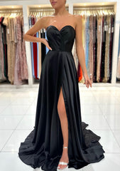 Bridesmaid Dress 2051, A-line Sweetheart Strapless Sweep Train Charmeuse Prom Dress With Pleated Split