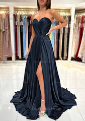 Bridesmaid Dresses Under 129, A-line Sweetheart Strapless Sweep Train Charmeuse Prom Dress With Pleated Split