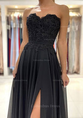 Prom Ideas, A-line Sweetheart Sweep Train Chiffon Prom Dress With Lace Beading Split