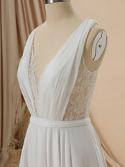 Wedding Dress Sleeves Lace, A-line Taffeta V-neck Appliques Lace Sweep Train Wedding Dress