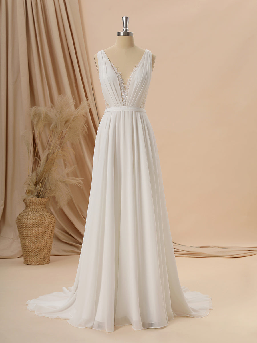 Wedding Dresses With Long Trians, A-line Taffeta V-neck Appliques Lace Sweep Train Wedding Dress