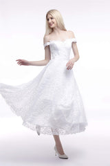 Wedding Dress Design, A Line Tea Length Lace Off Shoulder Mid-length Wedding Dresses