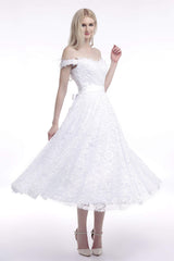 Wedding Dress Beautiful, A Line Tea Length Lace Off Shoulder Mid-length Wedding Dresses