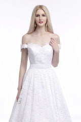 Wedding Dress Collection, A Line Tea Length Lace Off Shoulder Mid-length Wedding Dresses