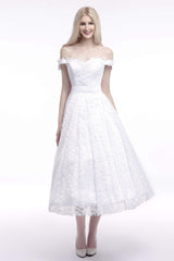 Wedding Dress Designs, A Line Tea Length Lace Off Shoulder Mid-length Wedding Dresses