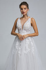 Wedding Dress Styling, A-Line tulle applique sleeveless floor length wedding dress