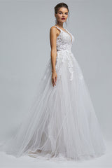 Weddings Dresses Style, A-Line tulle applique sleeveless floor length wedding dress