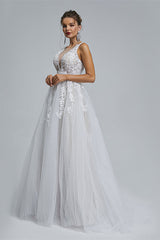 Wedding Dresse Styles, A-Line tulle applique sleeveless floor length wedding dress