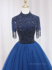 Prom Dress Tight Fitting, A-Line Tulle Blue Long Prom Dress, Blue Formal Evening Dress with Beading