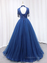 Prom Dresses Tight Fitting, A-Line Tulle Blue Long Prom Dress, Blue Formal Evening Dress with Beading