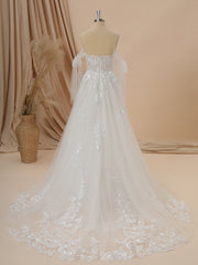 Wedding Dresses Couture, A-line Tulle Cold Shoulder Appliques Lace Chapel Train Wedding Dress