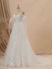 Wedding Dresses For Over 51, A-line Tulle Cold Shoulder Appliques Lace Chapel Train Wedding Dress