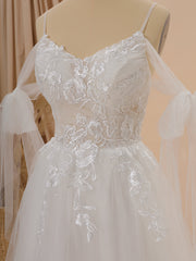 Wedding Dress For Over 51, A-line Tulle Cold Shoulder Appliques Lace Chapel Train Wedding Dress