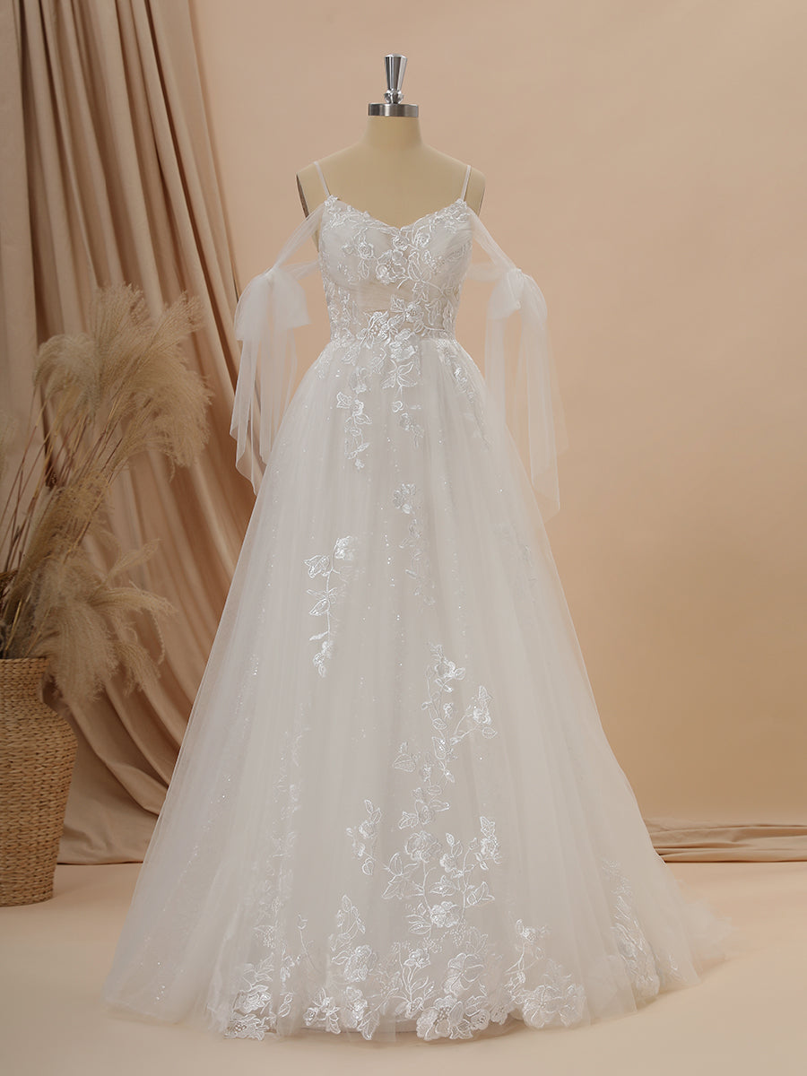Wedding Dress Couture, A-line Tulle Cold Shoulder Appliques Lace Chapel Train Wedding Dress