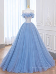 Maxi Dress, A-Line Tulle Lace Blue Long Prom Dress, Blue Lace Long Formal Dress