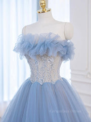 Prom Dress For Kids, A-Line Tulle Lace Blue Long Prom Dress, Blue Lace Long Formal Dress