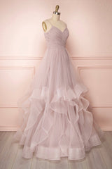Prom Theme, A-Line Tulle Layers Long Formal Dress, Cute V-Neck Evening Party Dress